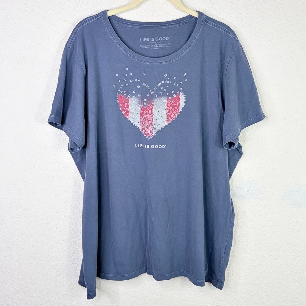 Life Is Good American Flag heart v-neck blue tee 100% cotton size XXL, casual